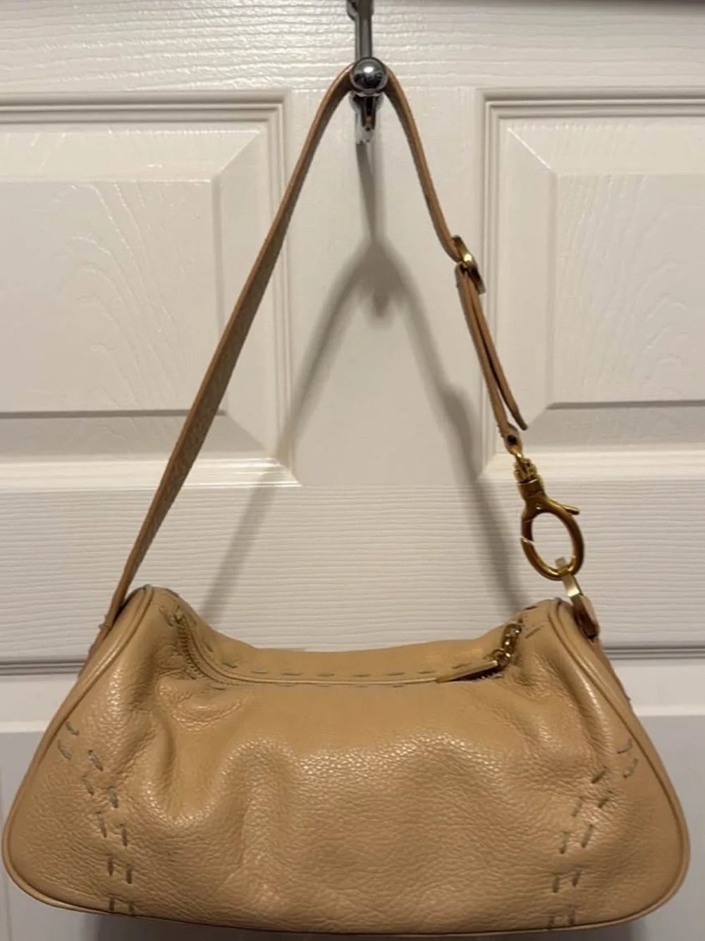 Vintage Sigrid Olsen Pebbled Tan Leather Shoulder Bag with Gold Hardware